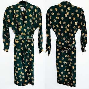 Vintage Leslie Fay Long Sleeve Printed Belted Faux Wrap Midi Dress 4 Petite